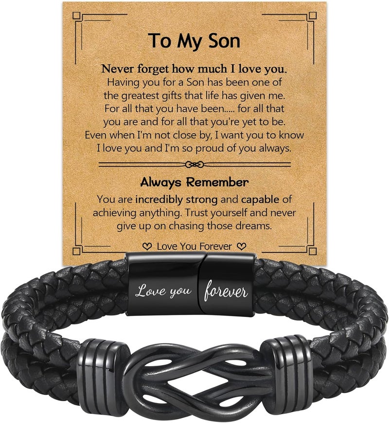 EPIRORA Gifts for Men Boys- Black Braided Leather Infinity Knot Bracelets for Son Grandson Nephew Brother Dad Husband, Jewelry Gifts for Christmas Birthday Graduation Anniversary Valentine's Day - Image 1